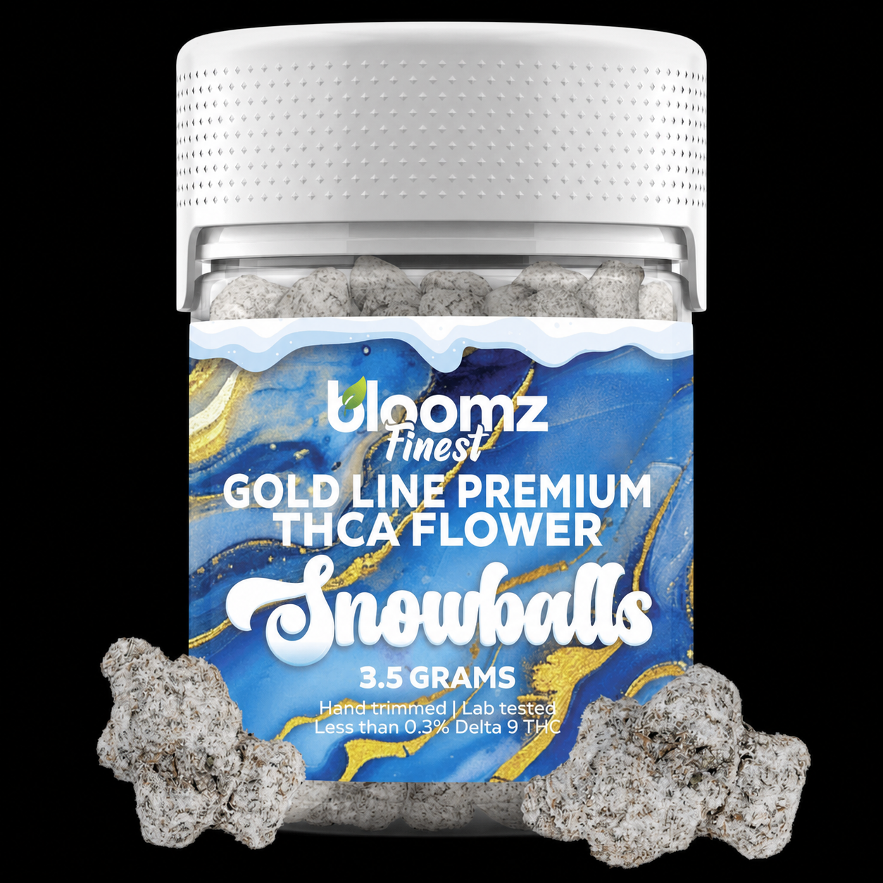 Bloomz Gold Line Snowballs jar and frosted flower on a black background