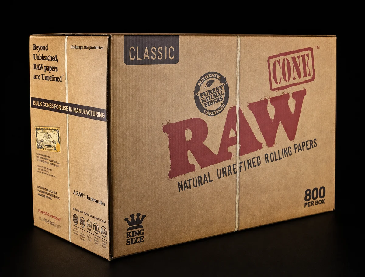 RAW Classic King Size 800-count pre-rolled cone box on a black background